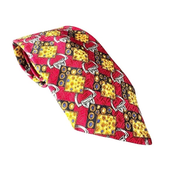 Celine Red & Gold Horse Bit 100% Silk Men’s Neck Tie - Picture 11 of 11
